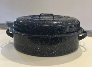 "Sartén para asar vintage de alta resistencia con tapa azul índigo esmalte moteado 16,5"" x 12,5""" - Imagen 1 de 6