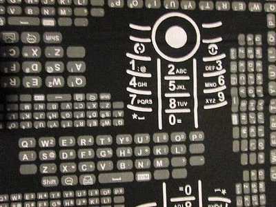 CELL PHONE KEYBOARD TEXT BLACK COTTON FABRIC FQ  - Image 1 of 4