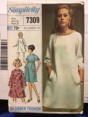 Dress Tent 14 Simplicity 7309 Designer Fashion Sewing Pattern UC VTG 60s A Line - Image 1 of 2