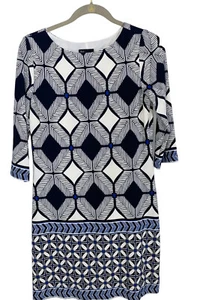 Vestido Just Taylor para mujer 10P azul blanco geométrico manga 3/4 cambio Midi - Imagen 1 de 6