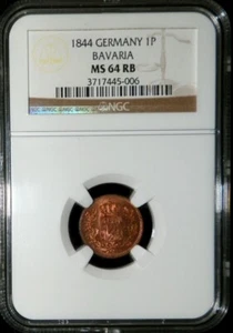 1844 BAVARIA GERMAN STATE PFENNIG LUDWIG I NGC MINT STATE 64 RED BROWN - Picture 1 of 2