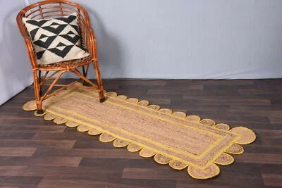 Carpet Natural Jute Runner Beige with Yellow Border Scallop Design Rug - Image 1 of 4