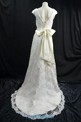 LACE Wedding gown bead V neck bow bridal train dress Victorian Ivory 8 NEW VTG - Image 1 of 4