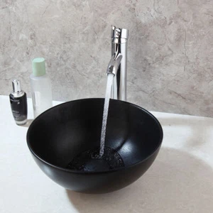 US Black Sink Bathroom Ceramic Vessel Sink Bowl & Brass Faucet Drain Basin Kit - Picture 1 of 12