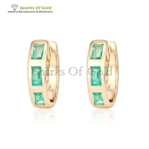 925 Silver Gold Vermeil Real Baguette Emerald Hoop Earrings Minimalist Jewelry - Picture 1 of 3
