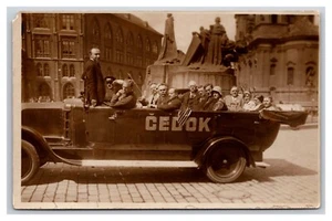 Vintage 1929 Cedok Tour Bus Auto amerikanische Flagge Tschechien RPPC - Bild 1 von 2