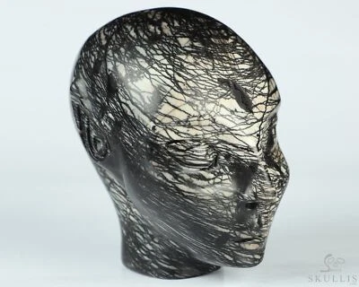 3.3英寸黑色网络碧玉手工雕刻仙女精灵外星人水晶头骨伴侣 — 第 1/4 张图片