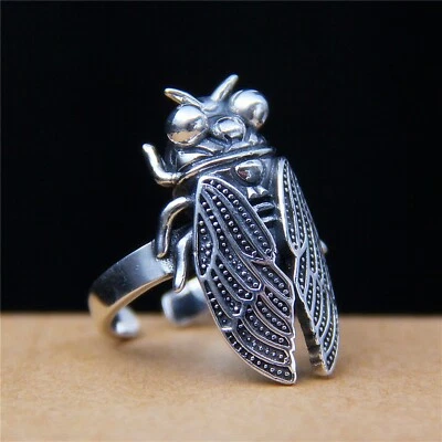Women Men Real S925 Sterling Silver Band Lucky Retro Insect Cicada Open Ring - Image 1 of 4