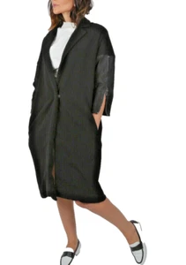 KAUFMANFRANCO Black Leather Contrasted 3/4 Sleeve Midi Coat Size M - Picture 1 of 11