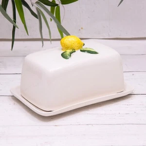 White Ceramic Lemon Butter Storage Dish with Mediterranean Lemon Porcelain Lid - Picture 1 of 4