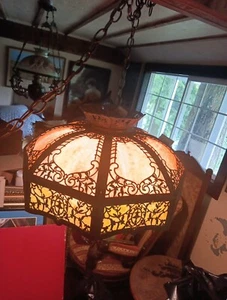 Fabulous HTF-Antique Slag Glass Hanging Lamp 8 Panels - Picture 1 of 16