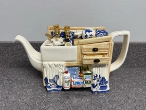 Vintage Cardew Blue Antique Kitchen Sink Figural Porcelain Large Teapot - Picture 1 of 15