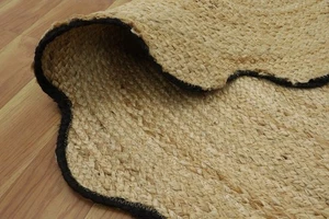 Round Rug Natural Jute Handmade Braided Beige Black Rustic Boho Rug - Picture 1 of 10