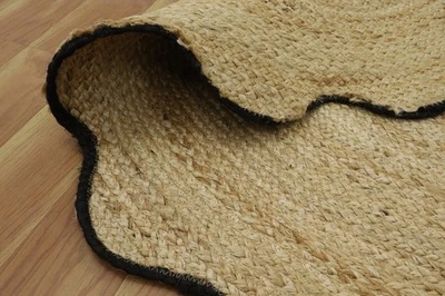 Round Rug Natural Jute Handmade Braided Beige Black Rustic Boho Rug - Image 1 of 4