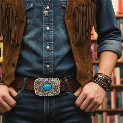 Uomo Donna Antico Metallo Argento Etnico Cintura Fibbia Turchese Filigrana Boemo - Immagine 1 di 4