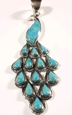 925 STERLING SILVER LARGE TURQUOISE PEACOCK 3" x 1" PENDANT 9.7g - Image 1 of 3