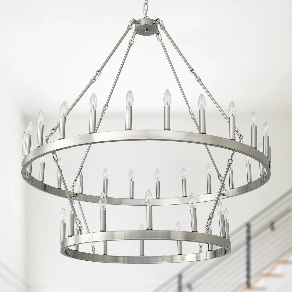 Lámpara de araña de rueda de vagón de 2 niveles 36 luces 48 pulgadas extra grande níquel redonda rústica... Foto 1 de 4