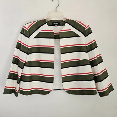 Nine West Open Front Cropped Blazer Womens 12 Green White Striped Career Jacket - Image 1 of 4