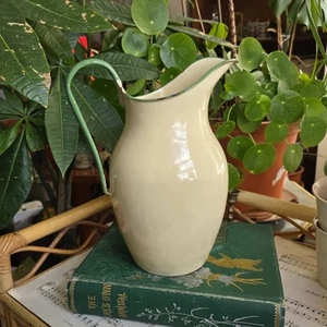 Vintage Polish Huta Silesia Enamel Jug Cream Green XL Pitcher Country Cottage - Picture 1 of 18