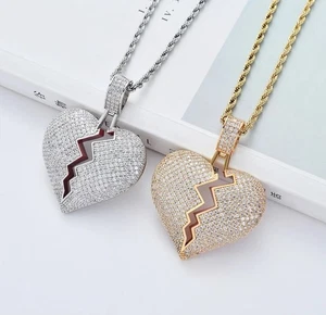 Silver Broken Heart Pendant Necklace – Alloy & Resin | Rhinestone Chain - Picture 1 of 4
