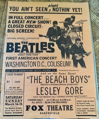 1964 The Beatles Original Closed Circuit Concert Handbill Bakersfield Ca Fox - Image 1 of 4