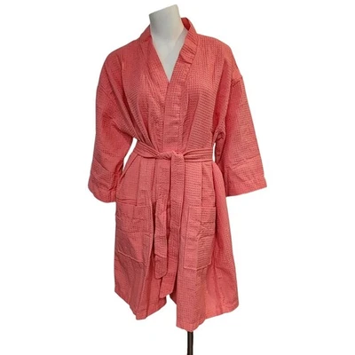 Bata corta de lino turca Chakir ligera tejida gofre baño spa kimono salmón Foto 1 de 4