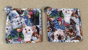 NEW SET OF 2 KITCHEN MULTICOLOR CAT KITTEN HAND CRAFTED POT HOLDERS HOT PADS - Picture 1 of 4