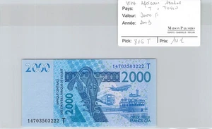 BILLET ETATS DE L'AFRIQUE DE L'OUEST - TOGO - 2000 Francs - 2003 - Imagen 1 de 2