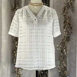 Alfani Petite Sheer White Blouse PS | V-Neck Check Texture Lightweight - Picture 1 of 10