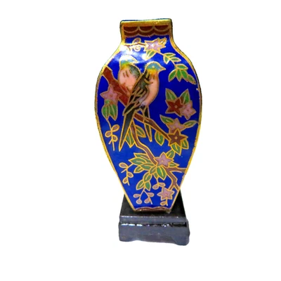 Jarrón miniatura botella de tabaco cloisonne flor pájaros azul real chino vintage 2" Foto 1 de 4