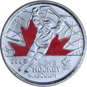 2009 CANADA 25 CENTS OLYMPIC MENS HOCKEY COLOURED UNCIRCULATED QUARTER COIN - Bild 1 von 2