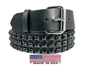 Black Pyramid Stud Belt Genuine Leather Three Row Rock Goth Sid Vicious Punk - Picture 1 of 10