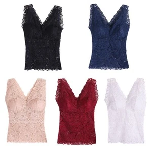 Women's V Neck Tank Tops Floral Lace Bralettes Longline Vest Wireless Padded Bra - Picture 1 of 17