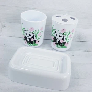 Vintage Panda Bear Plastic Bathroom 3pc Set Cup Soap Dish Toothbrush Holder Pink - Picture 1 of 7