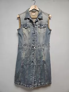 Y2K Retro Miss Sixty Dark Blue Distressed Denim Sleeveless Jacket Dress Size L - Picture 1 of 18