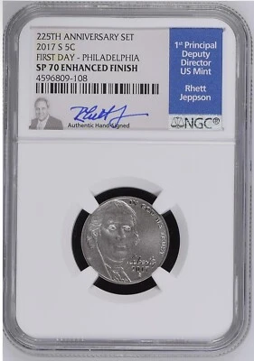 2017-S Jefferson Nickel 5C - NGC SP 70 Enhanced Finish - First Day - Rhett J - Image 1 of 2