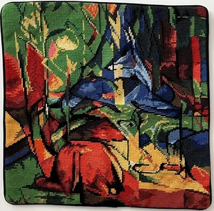 Finished Needlepoint Pillow 16"x16" deer animals forest wool yarn cotton canvas - Picture 1 of 2