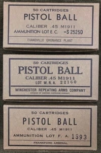 M1911 .45 ACP WWII NEW REPLICA 50 ROUND AMMO BOXES (SET A) - FA, EC & WRA LABELS - Picture 1 of 12