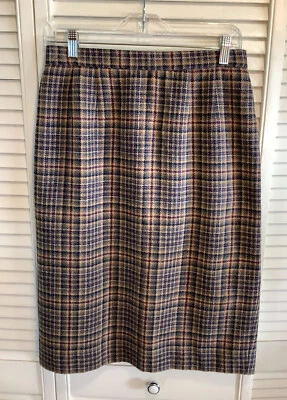 Worthington Vintage Wool Pencil Skirt Size 10 Midi Length Tan/Navy Plaid Lined - Image 1 of 4