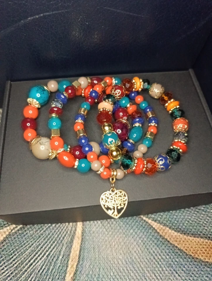 4fach- Perlen Stretch Armband mit Herz rot/blau/orange  - Bild 1 von 4