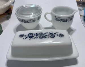 Vtg Pyrex Butter Dish, Cream and Sugar Bowl +HTF Lid Old Town Milk Glass Corning - Picture 1 of 10