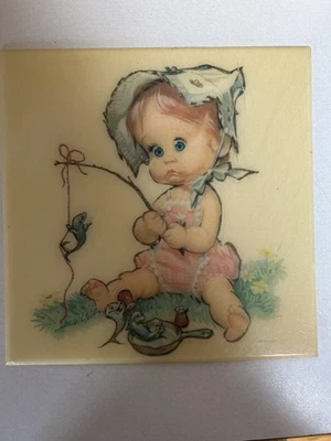 “Baby Fishing” Decorative 8.5x8.5” Wall Plaque Pete Hawley Orig. Art - Image 1 of 4