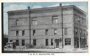 Monroeville IN I.O.O.F. Gebäude altes Auto Postkarte - Bild 1 von 1