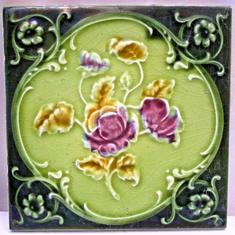 Antique Tile Majolica England Ceramic Rose Flower Purple Green Architecture "127 Cover