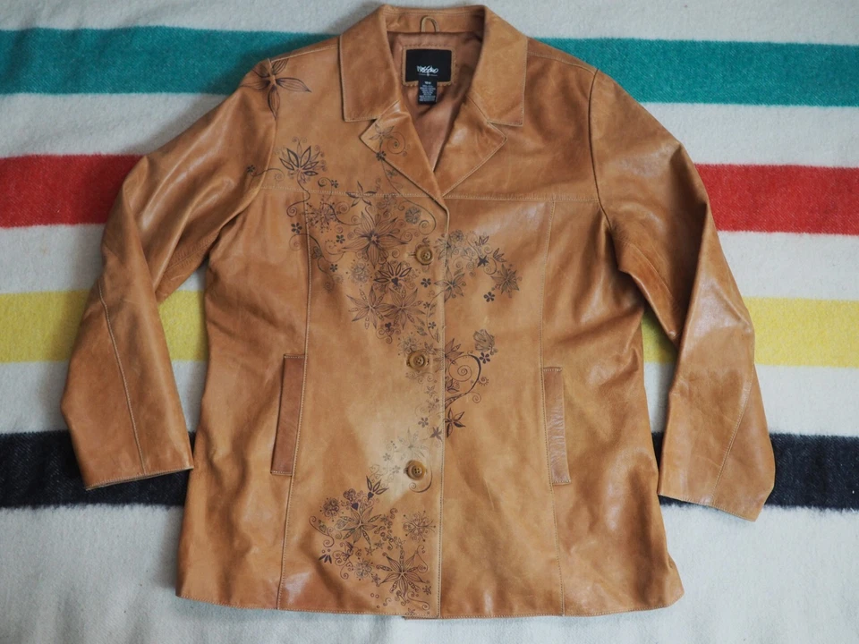 复古 90 年代 Y2K 2000 年代 Mossimo 褪色棕色皮革花卉纽扣夹克外套女式 L — 第 1/4 张图片
