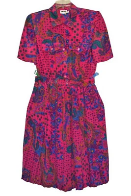 Vtg Leslie Fay Dress Sh Slv Full Skirt Bright Pink Print Sz 16WP Stretchy Belt - Image 1 of 4