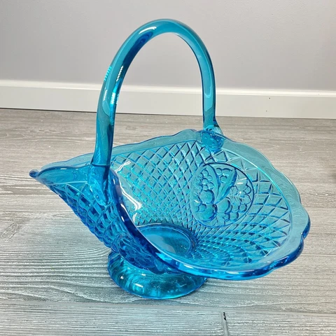Vintage Indiana Glass Horizon Canterbury Blue Diamond Fruit Pattern Basket Cover
