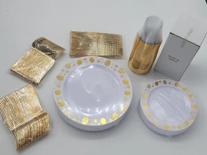 Nervure? 180+PCS White/Gold Easter Dinnerware Plates & Cups Forks spoons Knives - Picture 1 of 7