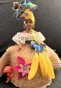 Vintage Doll  "Chiquita Banana Lady" Fruit Raffia Dress Puerto Rico Tropical - Picture 1 of 10