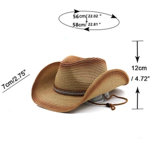 Men Western Straw Cowboy Cowgirl Hat with Belt Wide Brim Drawstring Sun hat - Picture 1 of 9